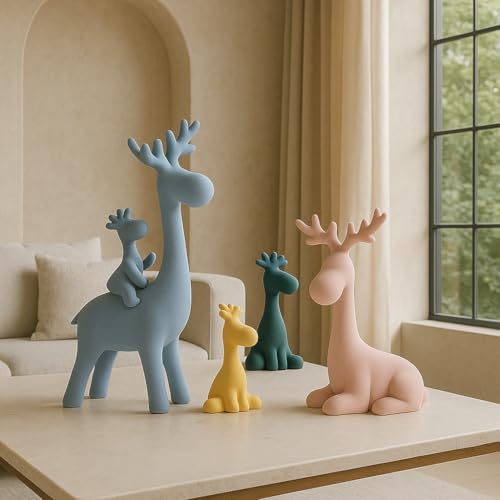 Image of Xtore Nordic Style Ceramic Deer Figurines | Minimalist Decorative Statue | Modern Home Accent for Living Room, Bedroom, Office - (Set of 4, Pastel Colors)