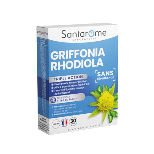 Santarome Bio - Griffonia Rhodiola | Complément Alimentaire Stress Emotionnel et Humeur | Apaise le Stress & Equilibre l'Humeur - A base de Griffonia et Rhodiola | 30 gélules | Végan | Made In France