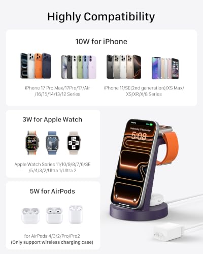 Image of Anlmz 3 in 1 Charging Station for iPhone - Wireless Charger for Apple Products Multiple Devices - Charging Dock Stand for AirPods (for iPhone 17 16e 16 15 14 13 pro 12 11 X Max)