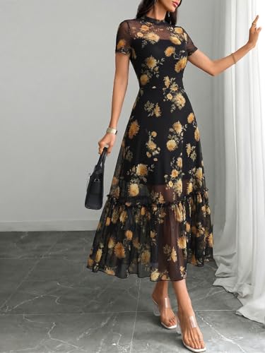 Image of GothDark Women's Summer Floral Mesh Ruffle Dress Short Sleeve Round Neck Waist Cinched Casual Maxi Wedding Guest Dresses