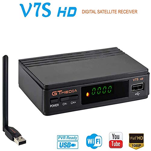 GT Media V7S HD Receptor Satélite DVB-S/S2 USB WiFi Incorporado Buscador de satélite Decodificador Full HD 1080p Soporte PVR, Newcam, Youtube, PowerVu, Dre & Biss Key a través de USB WiFi Dongle