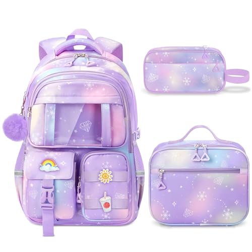 School Backpack for Girls - 5pcs Cute Girls Backpack with Lunch Box for Teens Kids Elementary Middle School - 17″ Students Bookbag Travel Back Pack for Age 6-18