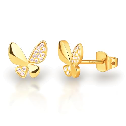 Alcor Gold Hoops & Butterfly Stud Earrings for Women – 14K Gold Plated with 925 Sterling Silver Posts, Hypoallergenic Everyday Jewelry, Gift-Ready
