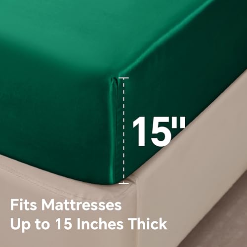 BEDELITE Satin Fitted Sheet and Pillowcase Set, Luxury Soft Similar to Silk Bottom Bedsheet with Elastic Corner Straps, Deep Pocket up to 15 Inch, 1 Fitted Sheet and 1 Pillowcase(Twin XL, Dark Green)