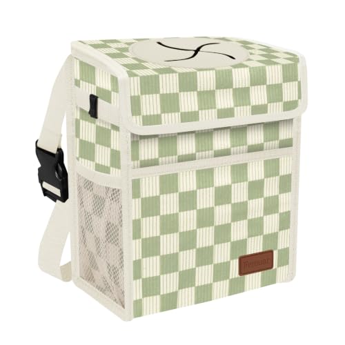 Image of Femuar Leak Proof Car Trash Can with Lid, Collapsible Hanging Waterproof Car Trash Bag with Mesh Pocket for SUV Front Seat Headrest, Beige Light Green Plaid