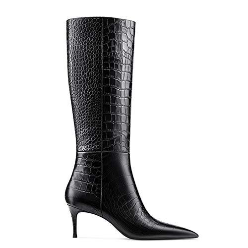 Lutalica W Women's Pointed toe Kitten Heel Knee High Boots Stone Pattern Side-Zip Stiletto Boots For Fall Winter2