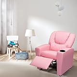 Naomi Home Suri Push Back Kids Recliner Chair with Footrest & Cup Holders, Push Back Toddler Recliner with Cup Holder, PVC Kids' Recliners for Age 3+, Kid Recliners for Girls Boys Pink
