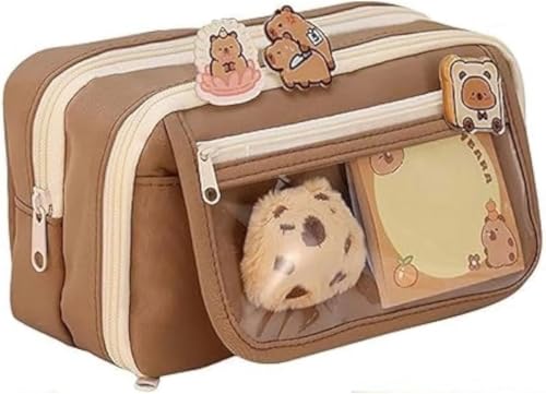 Estojo Escolar Infantil Capy bara, Design cartoon, Marrom com Zíperes, Decorado com adesivos.