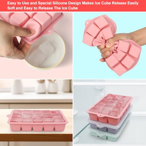 Ice Cube Tray with Lid, 3 Packs 45 Cubes, Silicone Ice Cube Mold Large Reusable Moulds and BPA Free for Whiskey, Cocktail, Drinks&Baby Food, Freezer, Souper(Purple+Pink+Green) - Image 4