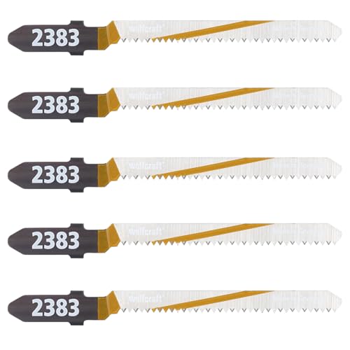 wolfcraft 5 Stichsägeblätter HCS I 2393000 I für Holz, Laminat, Spanplatten - sauberer Kurvenschnitt - Made in Germany - T-Schaft