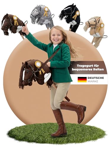 Hobby Horse Steckenpferd Handgefertigtes Stockpferd für Kinder 412Jahre - Realistisches Hobby Horsing Pferd mit verstellbarem Gurt & Turnierschleife (Braun & Weiß)