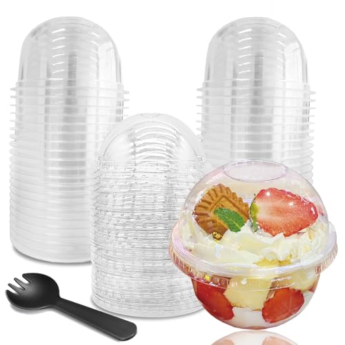 Hiasobre 50 Pack Plastic Cups with Dome Lids and Spoons, 8 oz Clear Dessert Cups with No Hole Lids, Mini Disposable Parfait Cups for Fruit Ice Cream Pudding Yogurt Trifle