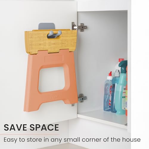 Image of Vigar Compact Folding Step Stool, 12-1 /2 in, Orange Bamboo Print | 12-1 /2 in Foldable Stool, Lightweight Portable Design, Handle, Non Slip Surface, Space-Saving, Supports up to 330 lb