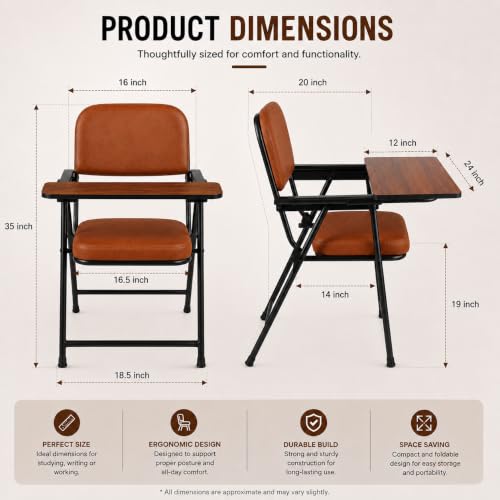 Image of Cushioned Study Chair with Writing Pad for Home, Students & Study Room, Supportive Backrest, Sturdy Metal Frame, Reading, Writing & Homework Chair, Brown