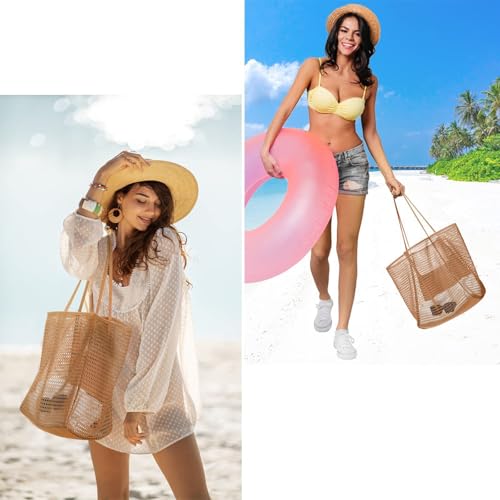 CWB&ADB Large Mesh Beach Tote Bag, Foldable Summer Handbag, Tan4