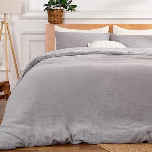 RENEWROOTS Gray Duvet Cover King, 100% Sandwashed Cotton Soft King Size Duvet Cover Set 3 Pieces with Zipper Clousre & Corner Buttons (Gray, King 104 x 90)