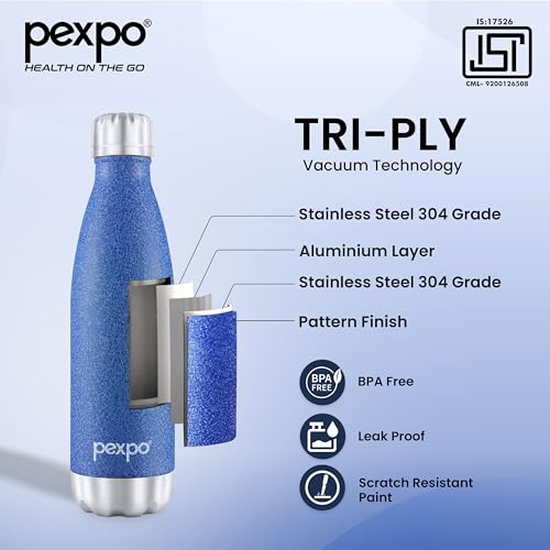 Image of Pexpo Thermos Water Bottle 500ml | Hot and Cold Flask | ISI Certified Steel Bottle | 3 Layer Insulation | Leakproof | (Pack of 2) for Home, Office | 2-Year Warranty |Electro| Blue