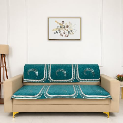 Image of Homerz Premium Chenille Fabric Sofa Cover | Soft, Durable & Dustproof | Decorative Couch Cover (Ghoomar Teal, 5 (3+1+1) Seater, Seat Cover with Backrest)