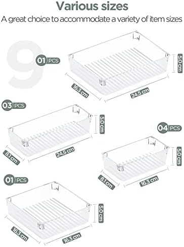 InnoGear Makeup Drawer Organiser 9 Packs Desk Drawer Organisers Trays with 4-Size Clear Plastic Storage Boxes Divider for Kitchen Bathroom Office Stationery