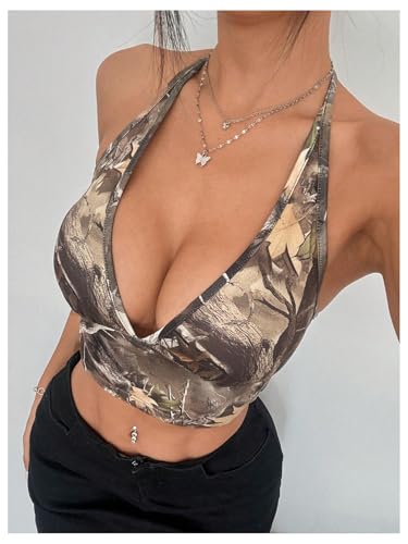 OYOANGLE Women's Camo Print Halter Camisoles Deep V Neck Backless Y2K Fitted Crop Tops3