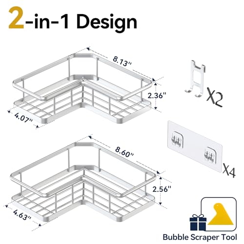 Image of YASONIC Corner Shower Caddy Adhesive, 100% Rustproof Shower Organizer, No Drill Shower Shelf for Inside Shower, Wall-Mounted Shower Storage for Homes (2 Pack, Silver)