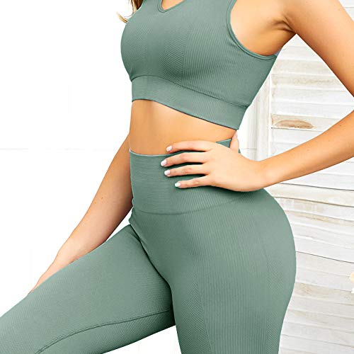 Women 2 PCS Workout Set Seamless Super Soft Material 2019 Deep V Neck Bra+Leggings Sports Suit Yoga Outfits (Light Green, M)