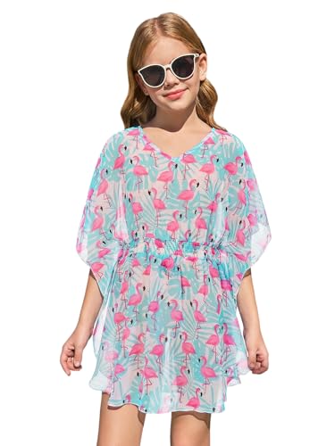 Image of Haloumoning Girls Chiffon Swim Beach Cover Up Kids Cute Elastic Waist Printed Bathing Suit Coverups 5-14 Years