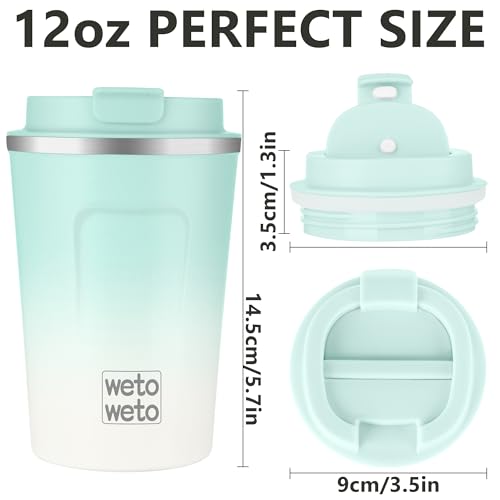 Image of WETOWETO 12 oz Stainless Steel Insulated Tumbler, Travel Coffee Mug, Insulated Coffee Mug with Lid, Spill Proof Coffee Cup, Portable Thermal Mug, Reusable Cup for Hot and Cold (Green-White)