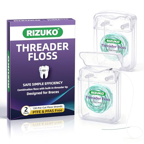Threader Floss 2-in-1 Dental Floss for Braces Bridges & Implants Easy Threading Design 130 Count PTFE & PFAS Free Expanding Floss for Deep Cleaning (65 Count(Pack of 2) Light Mint)
