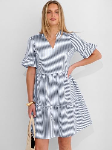 Image of Caracilia Dresses for Women Summer 2026 Striped V Neck Ruffle Sleeve A Line Tiered Flowy Casual Mini Beach Dress with Pockets