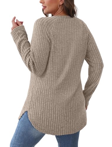 Image of Saloogoe Long Sleeve Shirts for Women 2025 Fall Clothes Tunic Tops Loose Fit Dressy Crewneck Pullover Sweaters Curved Hem