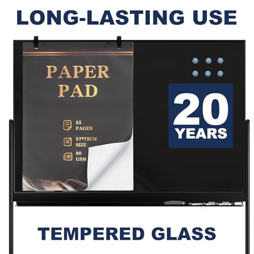 Image of TSJ-OFFICE Rolling Glass Whiteboard on Wheels - 48 inch x 32 inch Magnetic Mobile Dry Erase Board with Stand, Large Rolling White Board with 25 Sheets Paper Pad, Transparent Tempered Glass Board Office, Home