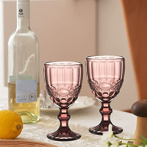 Vintage Wine Glasses Set Of 6, 10 Ounces Colored Glass Water Goblets, Unique Embossed Pattern High Clear Stemmed Glassware Wedding Party Bar Drinking Cups Floral Purple #TOP2