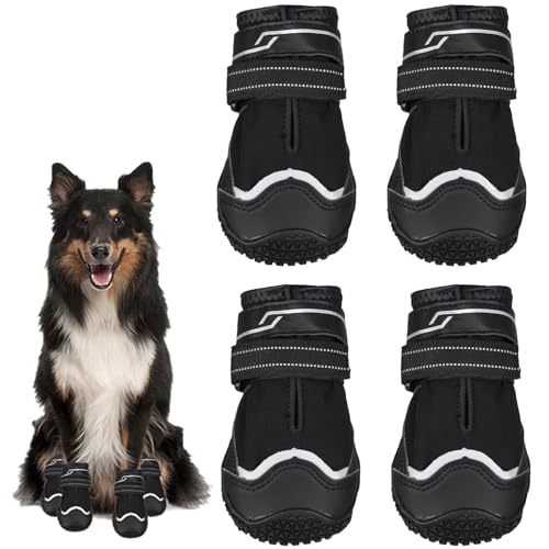Avvrel Zapatos para Perros, 4 Piezas Botas Perros Protectoras Heridas, Patucos Perro Impermeable con Correas Reflectantes Ajustables y Suela Antideslizante para Perros Pequeños Medianos y Grandes (6#)