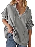 AlvaQ Oversized Sweatshirts for Women Ladies Lightweight Soft Waffle Knit Deep V Neck Long Sleeve Pullober Hoodies Fall Clothes Light Grey 1X