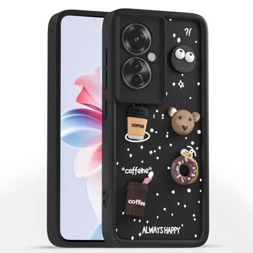Image of Bintage Cute Fun Taddy Cartoon 3D Ball Bear Milk Donut Coffee Cup Silicon Case Full Body & Camera Protection Back Cover Compatible for Oppo F25 Pro 5G - Black