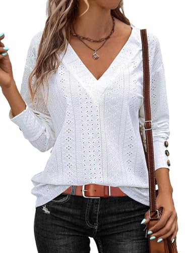 La mejor selección de Mujer Elegante los 5 más buscados. 48 VIOPY Blusas Manga Larga de Mujer de Moda Blusa Cuello V Mujeres Basicos Camiseta Casual Playera Elegantes Dama Tops (Blanco, X-G)