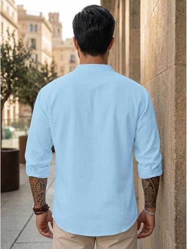 Image of DEELMO Men's Cotton Blend Mandarin Collar Self One Design Full Sleeve Casual Short Kurta