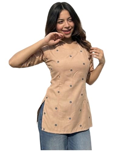 Image of ANNI Designer Women's Viscose Blend Printed Short Kurti | Straight Fit Ethnic Top with Square Neck | Bell Sleeve Indian Kurta for Office College, Party