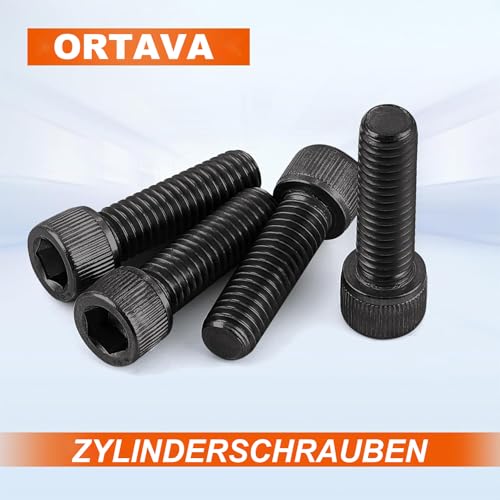 ORTAVA 20 Stück M6 x 16 Schrauben, Zylinderschrauben, Zylinderkopfschrauben DIN 912 / ISO 4762, Innensechskant, Schwarzes Oxid, Vollgewinde Legierter Stahl mit Innensechskantschlussel