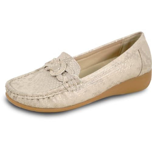 Image of KOZI Women Comfort Casual Wedge Shoe Slip-On Loafer ML Collection Round Toe Penny Loafer Removable Insole Black Champagne