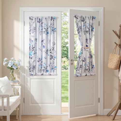 Image of MYSKY HOME Floral French Door Curtains 40 inch Long Set of 2 Blackout Privacy Sidelight Door Window Drapes with Rod Pocket, Blue, 24 inch W Each Panel