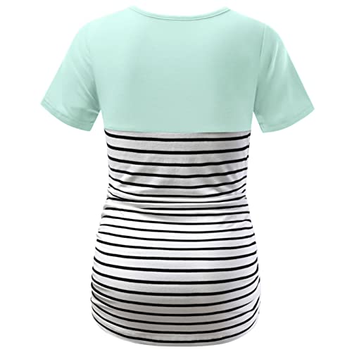 Debelly Maternity Tunic Tops Color Block Striped Blouse Short Sleeve Side Ruched Women Pullover Tshirt Crew Neck Shirts With Crochet Pocket,Mint Green,M #TOP1