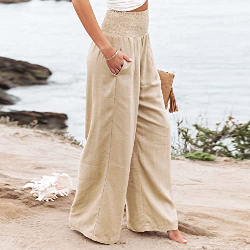 Wide Leg Linen Pants for Women Summer Drawstring Beach Pants Casual Beach Long Trouser Comfy Lounge Pants2