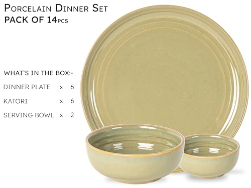 Image of Bodhi House Handcrafted Chip Resistance Porcelain Dinner Set, 14 Pieces Dish Set Serving for 6, Microwave and Dishwasher Safe, Bone-ash Free, Crockery Set for Dining and Gifting, Olive Green