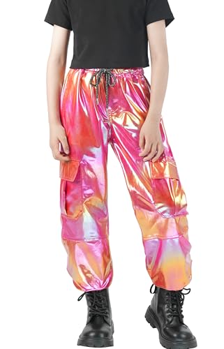 Nawgut Sequin Cargo Pants Metallic High Waisted Multi-Pocket Shiny Joggers Hip Hop Dance Pants for Girls
