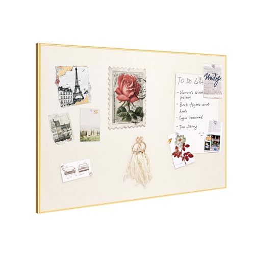 lightomorrow Bulletin Board 16 x 12 inches, Oatmeal White Pin Board, Golden Aluminum Framed Fabric Cork Board with 10 Push Pins