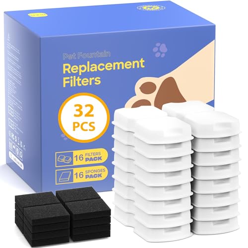 Image of GIOTOHUN Cat Water Fountain Filter Replacement: 32 Cat Fountain Filter - 16 Filters & 16 Sponges - 8 Months Set of 32 Pet Fountains Filters for ATMZIQXR GIOTOHUN KOOGMOON UMOCUOY IHOUONE HOOISE