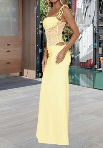 Image of Unybwonn Lace Maxi Dress Sexy Sheer Sleeveless Bodycon Mesh Long Dresses Cut Out Spaghetti Strap Wedding Guest Dress