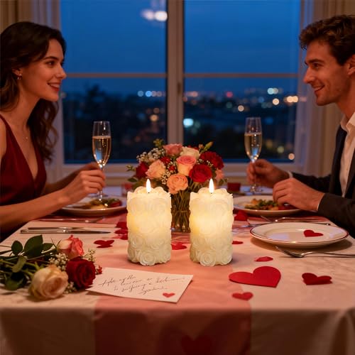 Image of LUSHARBOR Rose Flameless Candles with Remote, Battery Operated Candles Rose Flower for Valentine's Day LED Pillar Candles Battery Powered for Mother's Day & Weddings, Set of 2 Ivory